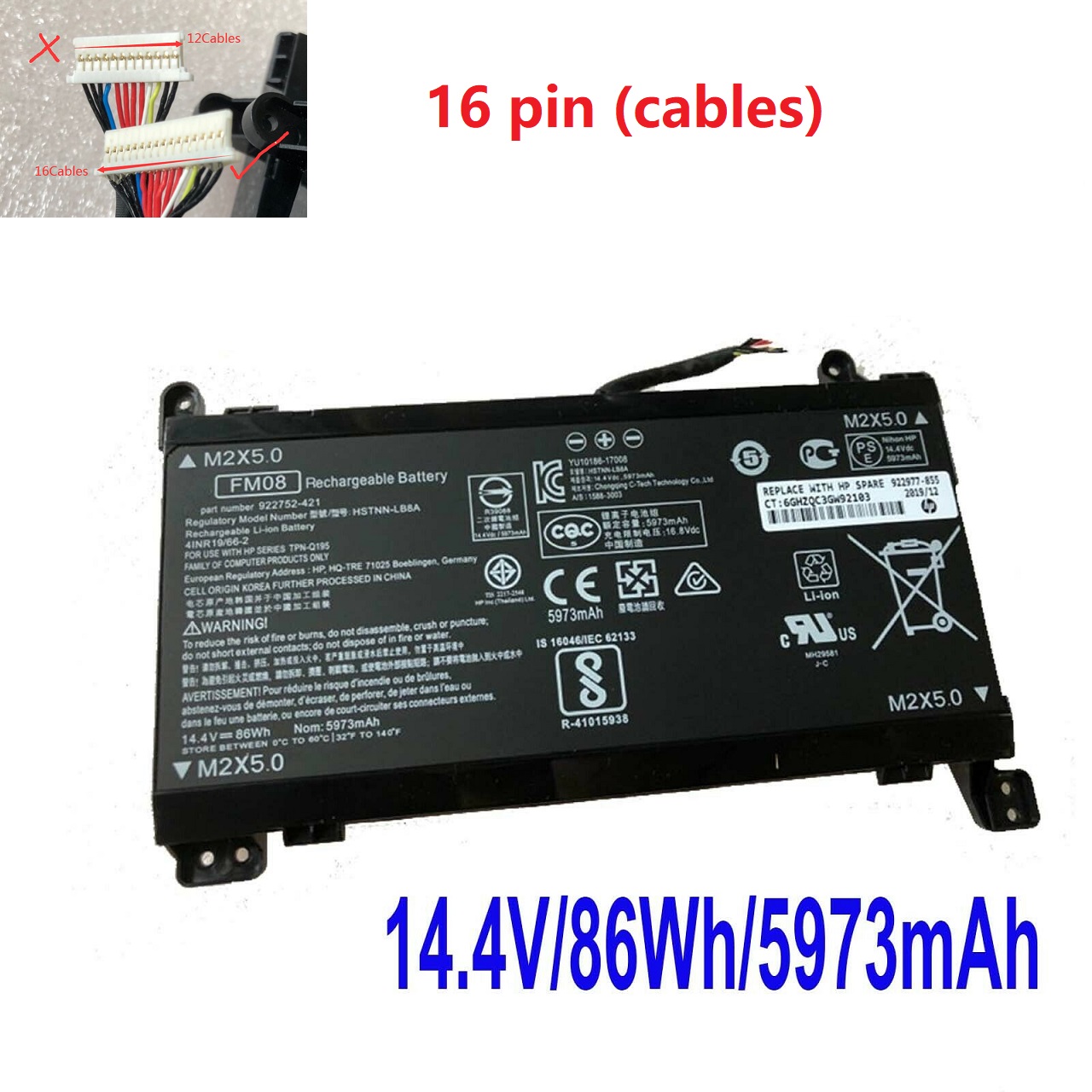16 Cables FM08 HP 922752-421, 922753-421, 922976-855, 922977-855 (kompatibelt batteri)